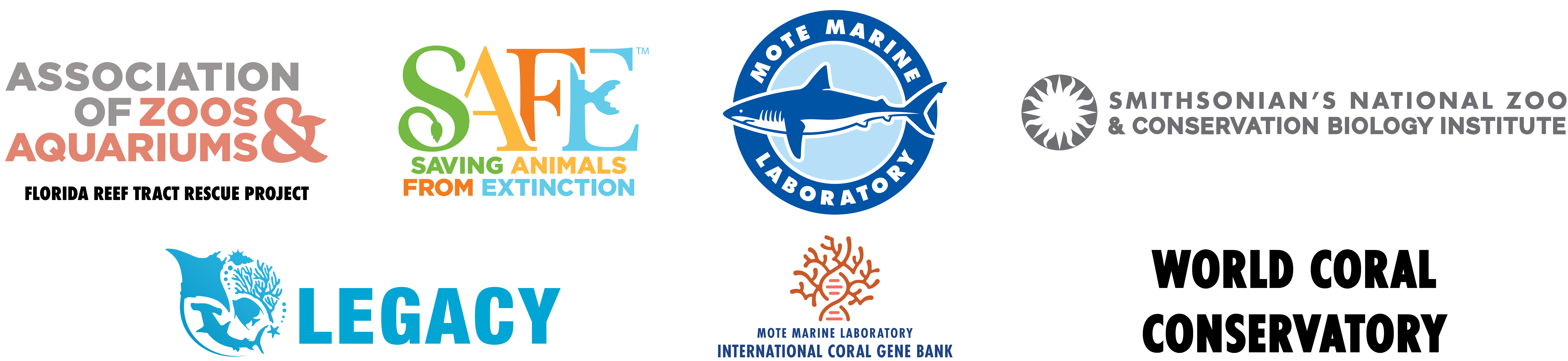 Logos of Coral Biobank Alliance Partners: Association of Zoos & Aquariums Florida Reef Tract Rescue Project, AZA Saving Animals from Extinction, Great Barrier Reef Legacy, Mote Marine Laboratory / Mote's International Coral Gene Bank, Smithsonian Conservation Biology Institute, and World Coral Conservatory