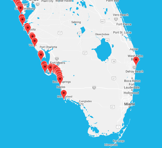 A map of some of the areas in southern Florida monitored by Mote's Beach Conditions Reporting System.