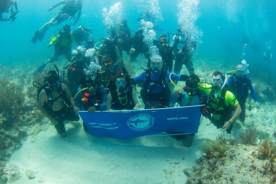 Members of SCUBAnauts International, the Combat Wounded Veteran Challenge & Mote Marine Laboratory celebrate a successful dive.