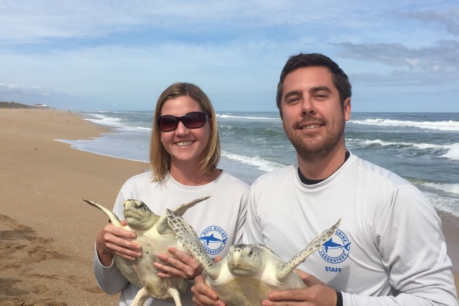 Jenna Rouse and Weston Spoon, Animal Care Technicians from Mote's Sea Turtle Hospital released eight Kemp's Ridleys.
