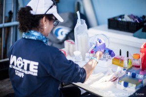 Dr. Kim Ritchie (Mote) pipetting a substance used to produce a chemical reaction for her tiger shark mucus samples. The goal is to genetically identify bacteria associated with tiger shark skin, teeth and other areas and to screen then for the abilit