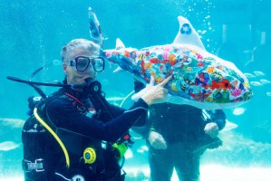 Mote volunteer diver, Rona VanAmburg, showing off Arty the Shark's vibrant side, which highlights the ocean's future if conservational efforts are made. 