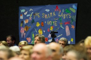 Children's artwork decorates the room where people celebrated the life and legacy of Mote's founding Shark Lady, Dr. Eugenie Clark, on May 4, 2015, at Mote Marine Lab. 