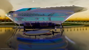 Screenshot from preliminary video rendering shows an evening light display on the exterior of Mote Science Education Aquarium. Renderings provided by CambridgeSeven and subject to change.