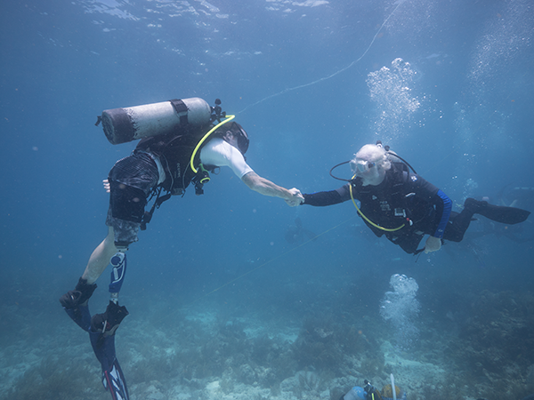 Two divers shake hands mid-water. They are: Left, Billy Costello, retired Sgt. 1st Class of the U.S. Army and Right, Mote President & CEO Dr. Michael Crosby. Billy Costello's right leg is a prothesis, but he is still able to use both dive fins. Below them several divers plant coral fragments, while the surface shimmers above.