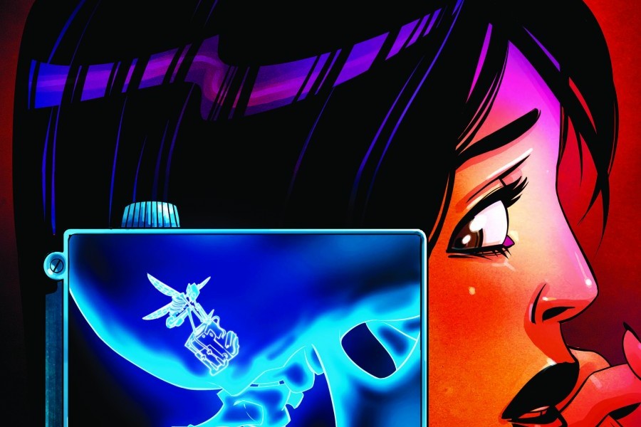 Comic book picture of a woman with flowing black hair. It is Dr. Fanara and she is troubled. An X-ray cut out reveals the Wasp struggling with a nanochip lodged in her skull.