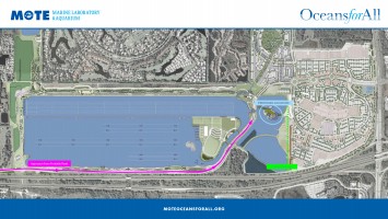 A computer rendering showing an aerial overview of Mote SEA's proposed location in Nathan Benderson Park. I-75 runs down the right-hand side. In the center is a large aquatic park with the oval Mote SEA built on an Island in the lake. Arrows show visitor traffic approaching from Fruitville.