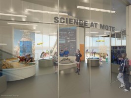 A computer generated rendering of a Mote SEA teaching lab. The lab's walls are floor-to-ceiling windows. Inside, a family leans over a touch tank while more visitors interact with exhibits. Shark information is projected onto the far wall, behind two blue-shirted Mote volunteers, who stand waiting to greet newcomers.