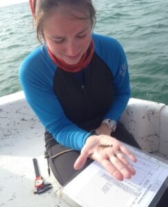 Dr. Abigail Clark sits in a small boat on the open sea. She is wearing a dive skin and holds her hand out, palm up. A tiny baby spiny lobster sits on her palm the tips of its antenna just barely reaching from one side to the other. A datasheet rests on her lap and a caliper, a tool for taking precise measurements sits at her side.