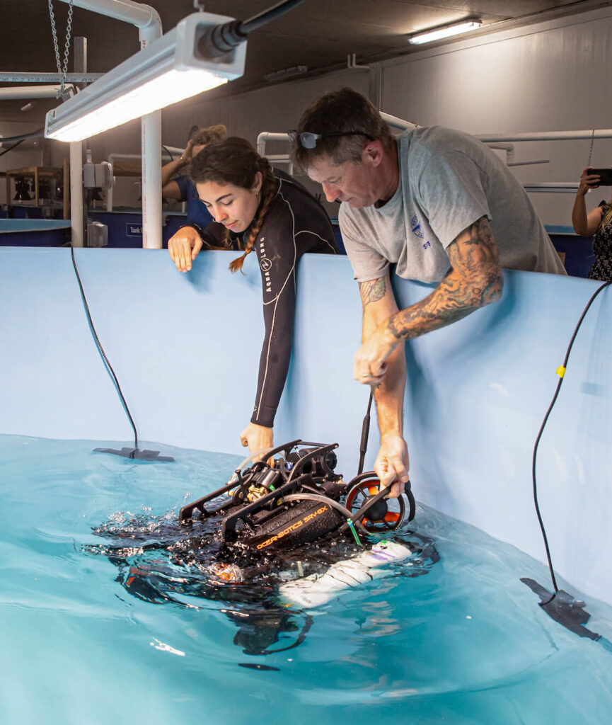 Mote scientists Molly Dent and John Langan test an ROV to disperse algicide to fight red tide impacts