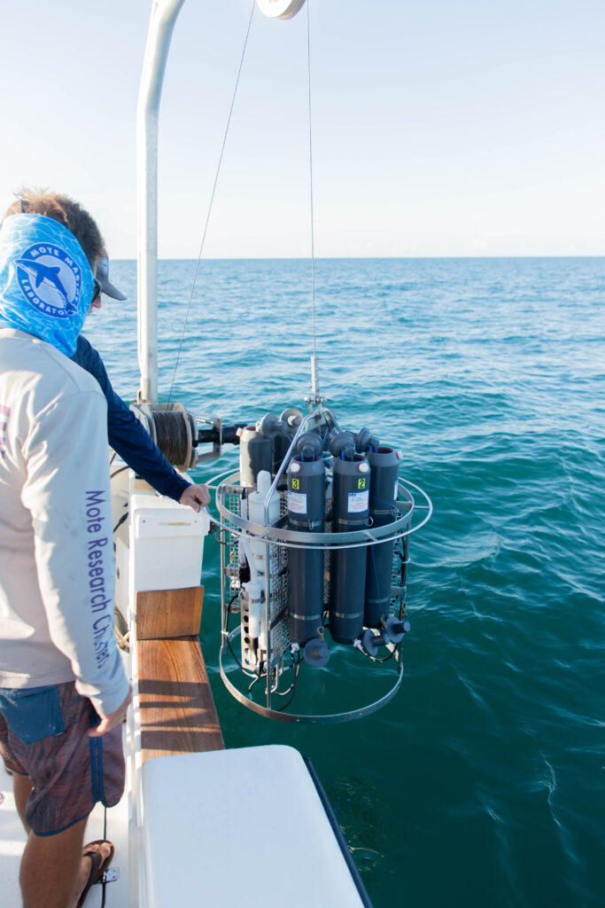 Mote scientists collect water samples at multiple depths during research cruises.
