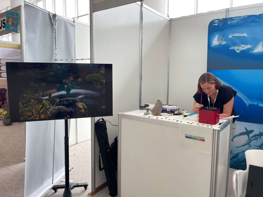 Mote Staff Biologist Valerie Hagan demonstrates a DNA test developed by Mote and Ecogenix to quickly identify what species a shark product came from during the CITES CoP19 event in Panama.