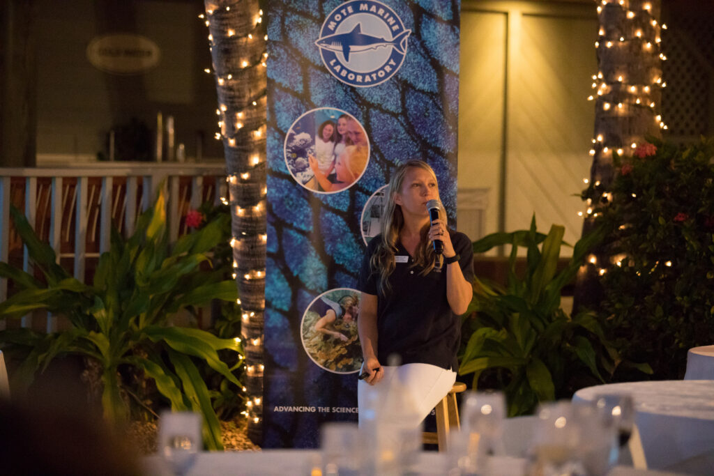 A woman with a microphone speakers in front of an outdoor audience.