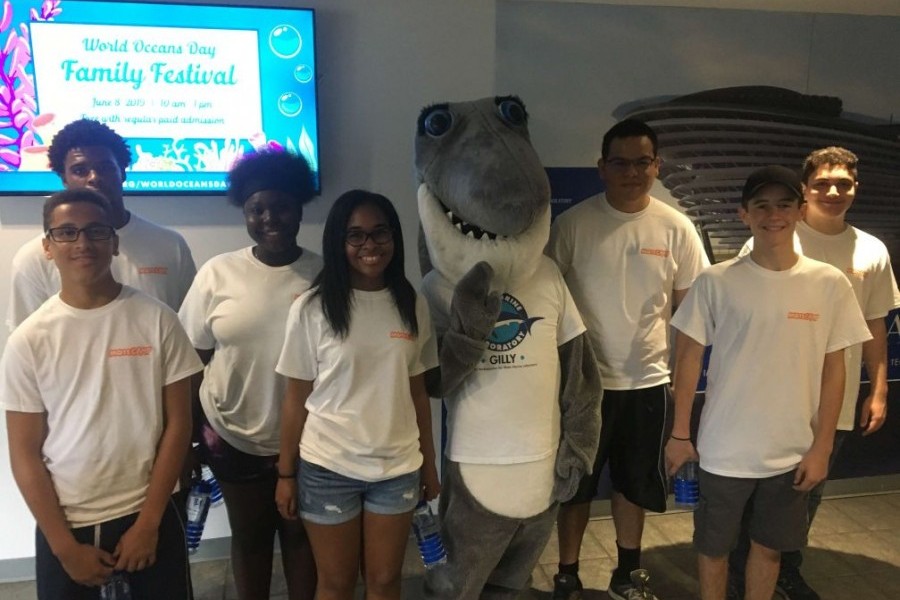 Participants from the new Ocean Guardians program and Gilly the Shark.