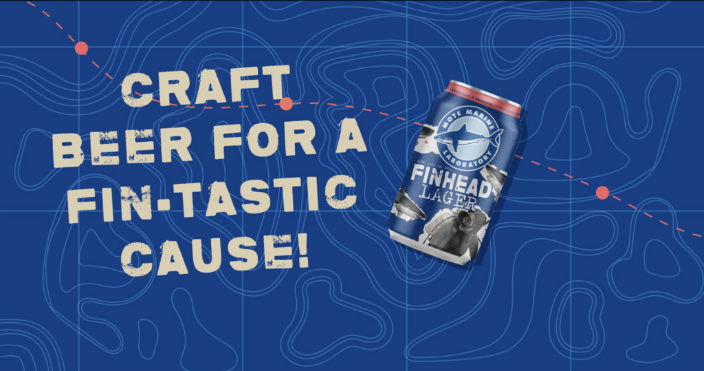 Promotional graphic showing a can of Mote's Finhead Lager on an ocean-blue background with the phrase 