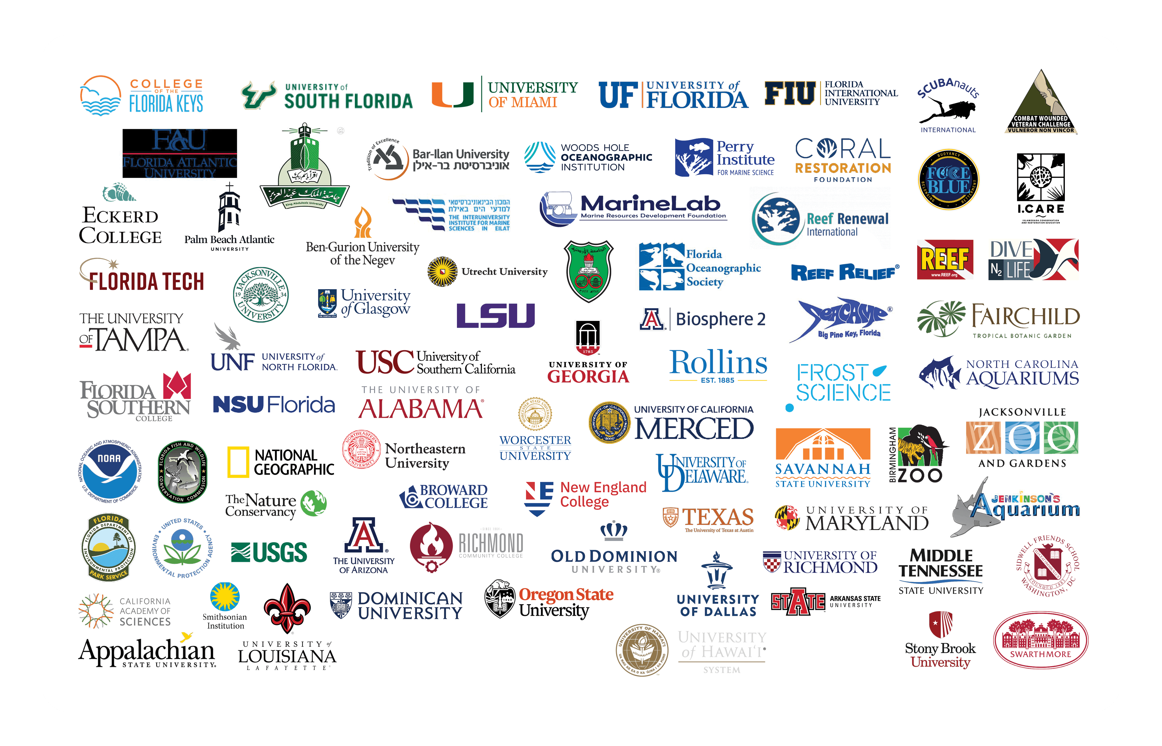 Logos from many different institutions whose projects have received support from Protect Our Reefs grants