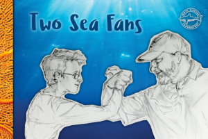 A sketch of two people arm-wrestling over a water background image.