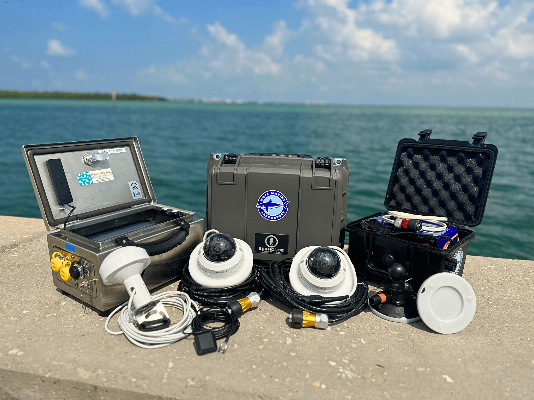 Left to right: Portable electronic monitoring unit case with processor and monitor, GPS, cameras, marine battery, a SeaSucker vacuum camera mount