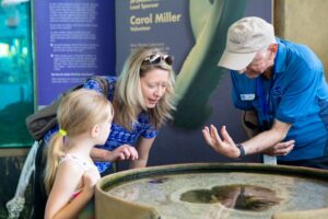 A mother and daughter lean over the side of a touch tank to look at a sea urchin. An elderly mote volunteer stands next to them, also leaning over the tank as he explains sea urchin behavior.