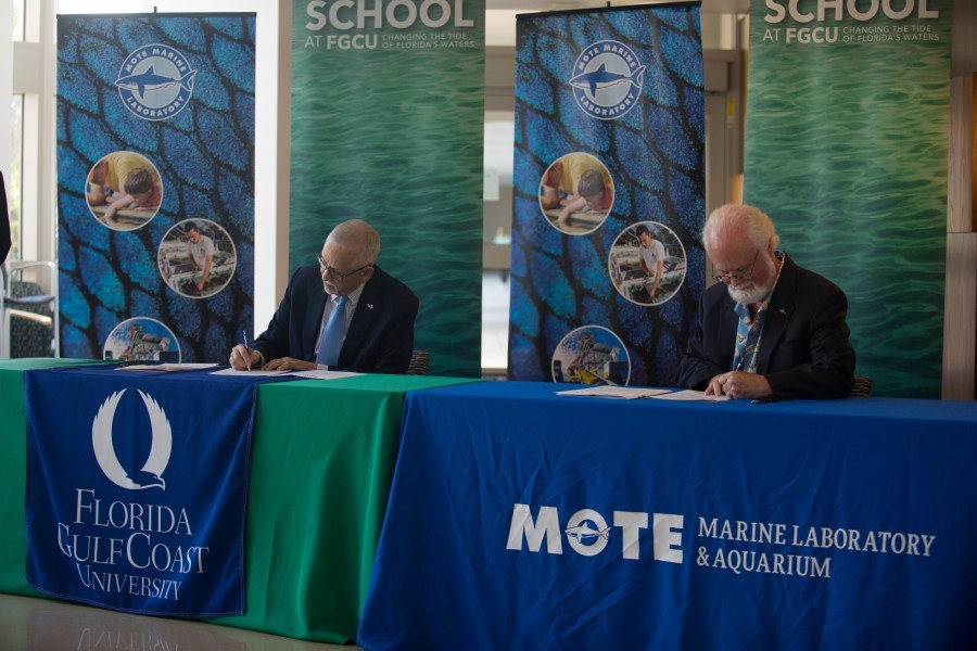 Dr James Llorens, FGCU Provost, and Dr. Michael Crosby, Mote President & CEO sign a Memorandum of Understanding