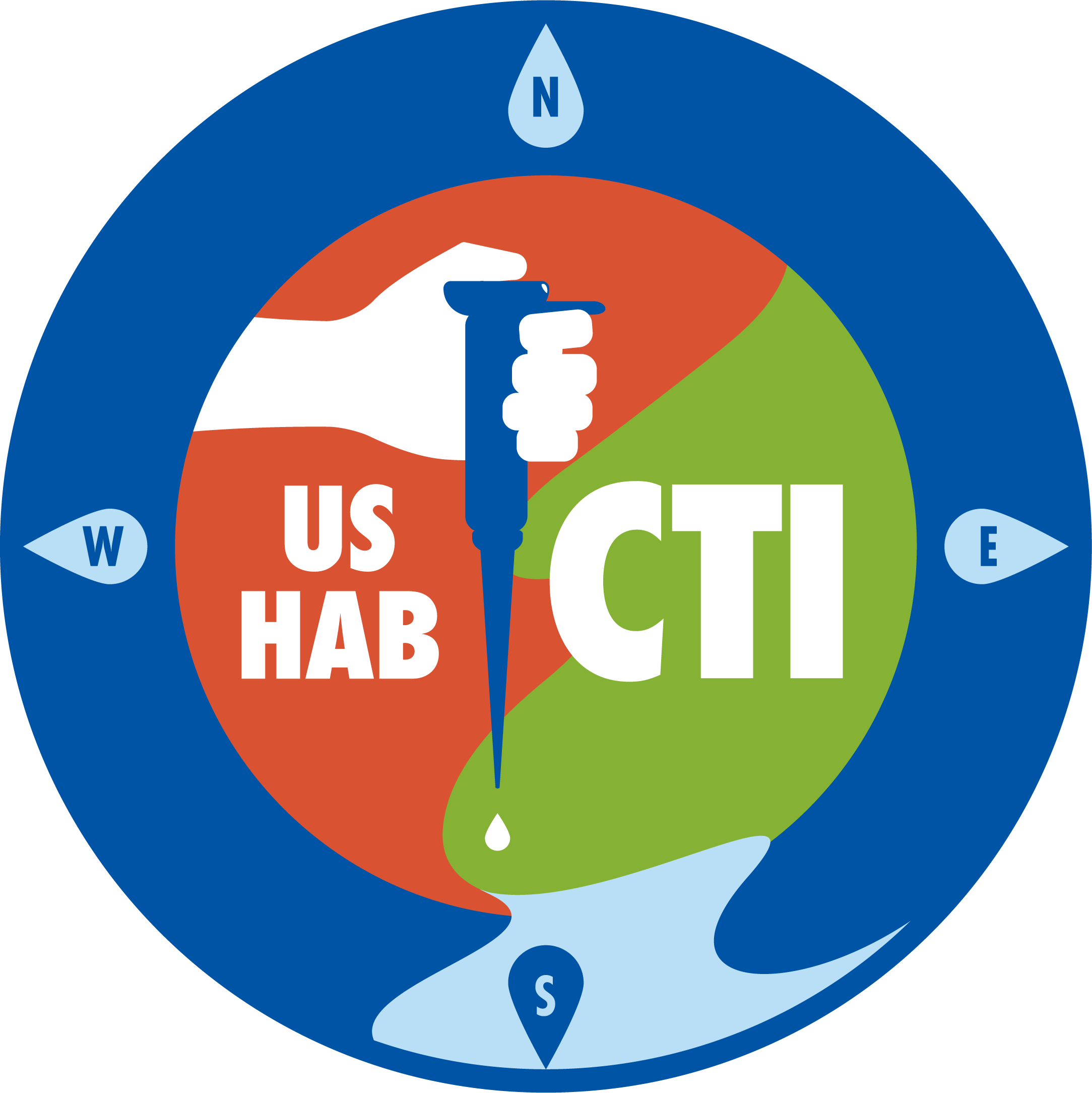 US HAB-CTI logo featuring a hand holding a pipette and a droplet of liquid turning red and green water into blue water to suggest harmful algal bloom mitigation