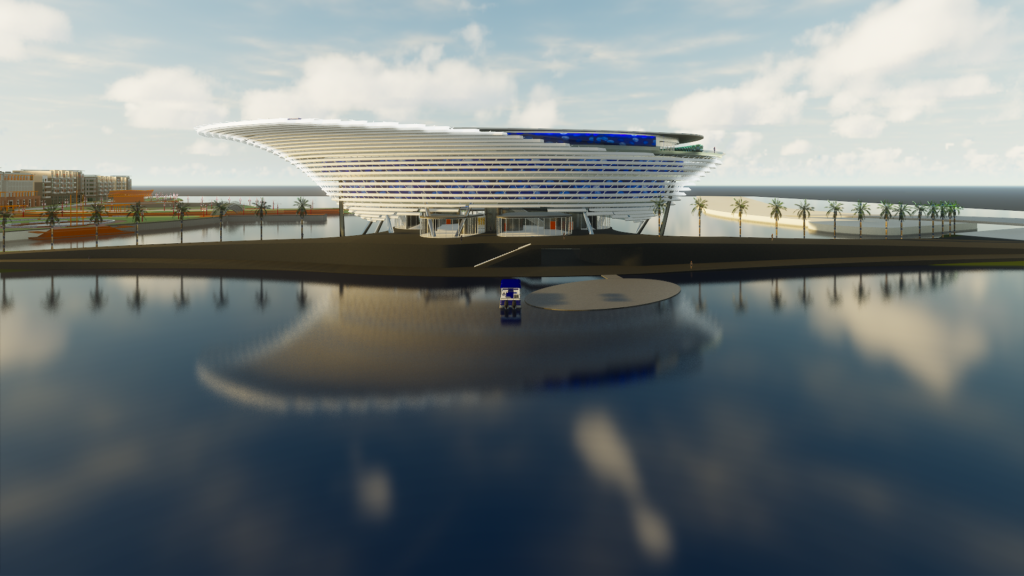 Computer rendering of the new Mote SEA complex. The large unique structure will resemble a boat and be placed on a strip of land lined with palm trees and surrounded by a large lake.