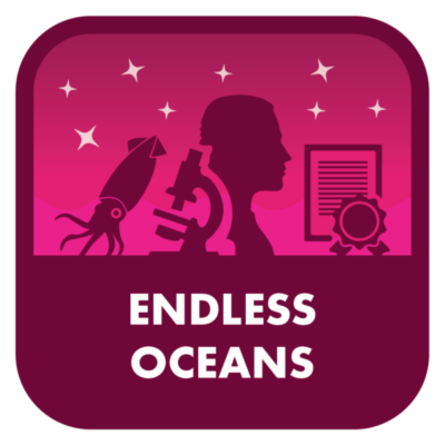 A square icon with rounded corners, primarily in shades of pink and purple. It is labeled "ENDLESS OCEANS" and contains stylized images, including a profile silhouette of a person looking through a microscope, an squid, and a framed certificate with a seal, all set against a backdrop of stars, symbolizing exploration and achievement in marine science.