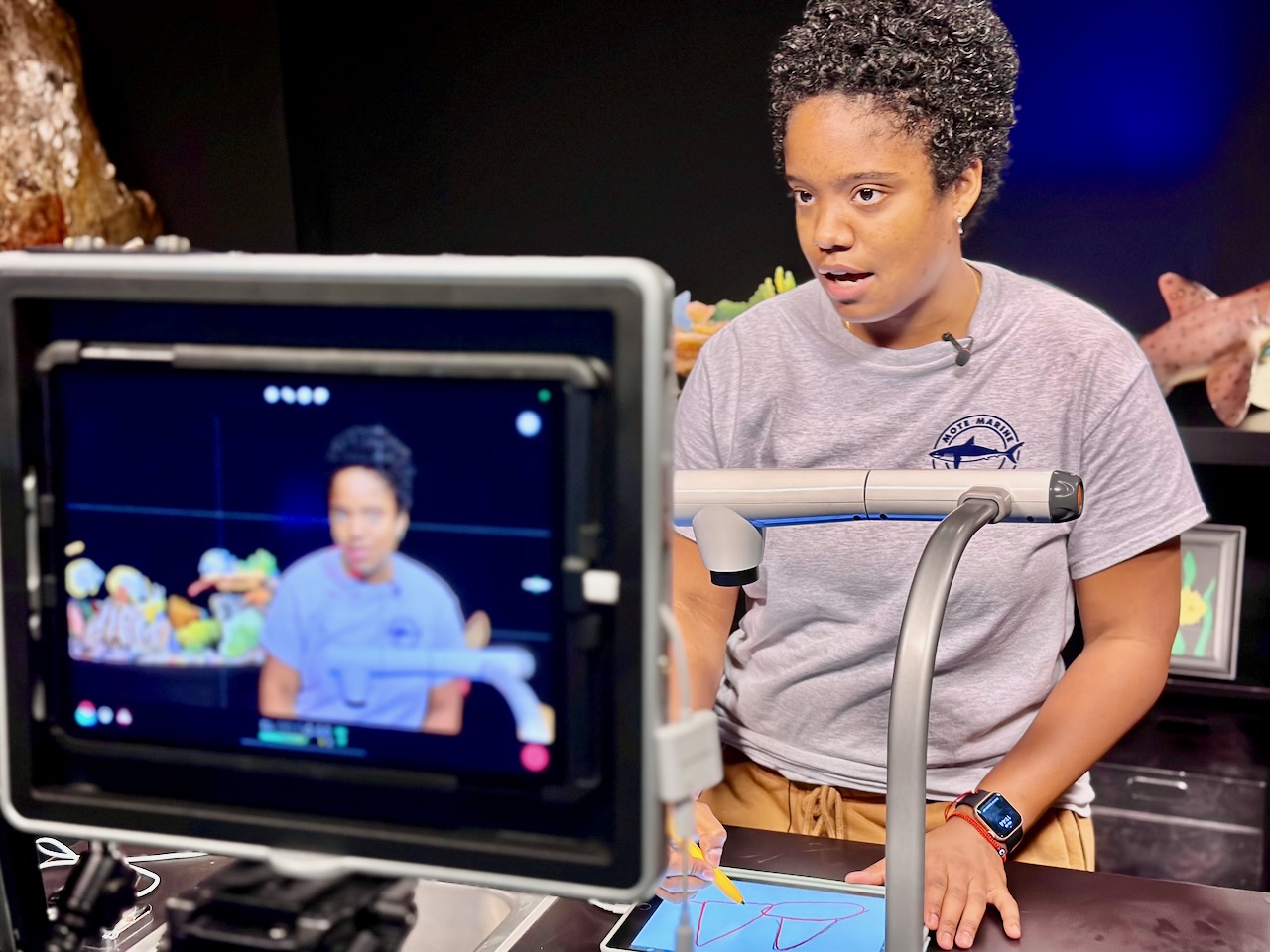 A woman with short curly hair wearing a gray T-shirt with a logo, stands behind a table in a studio setting. She is talking and gesturing with her hands while looking at a monitor. In front of her is a digital tablet on a stand, and a camera setup captures her actions. The background features marine-themed decorations, including a model shark.