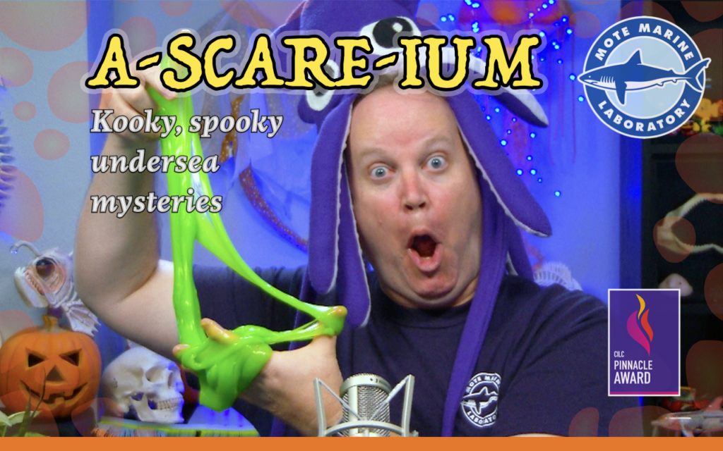 A playful Halloween-themed image featuring a person wearing a purple squid hat, dramatically holding neon green slime. Text on the image reads 'A-Scare-ium: Kooky, spooky undersea mysteries.' The logo for Mote Marine Laboratory is displayed in the top right corner, along with a CILC Pinnacle Award badge in the lower right. Halloween decorations like a pumpkin and skull are visible in the background.