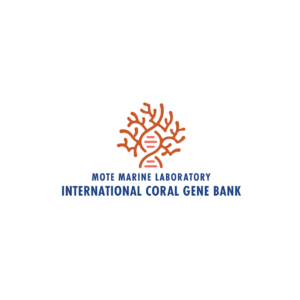 Mote's International Coral Gene Bank logo on a white background. Showing DNA transforming into coral