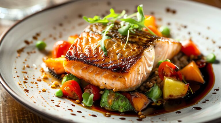 A photo of a salmon fillet presented beautifully on a plate
