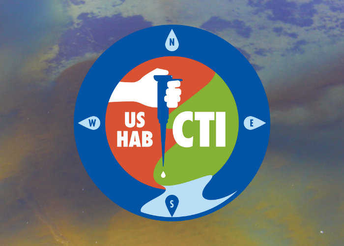The US HAB CTI logo overtop an image of red tide
