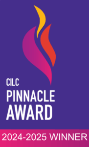 CILC Pinnacle Award 2024–2025 Winner logo. A stylized flame in pink, orange, and yellow appears above bold white text on a purple background reading “CILC Pinnacle Award.” A pink banner at the bottom reads “2024–2025 Winner.”