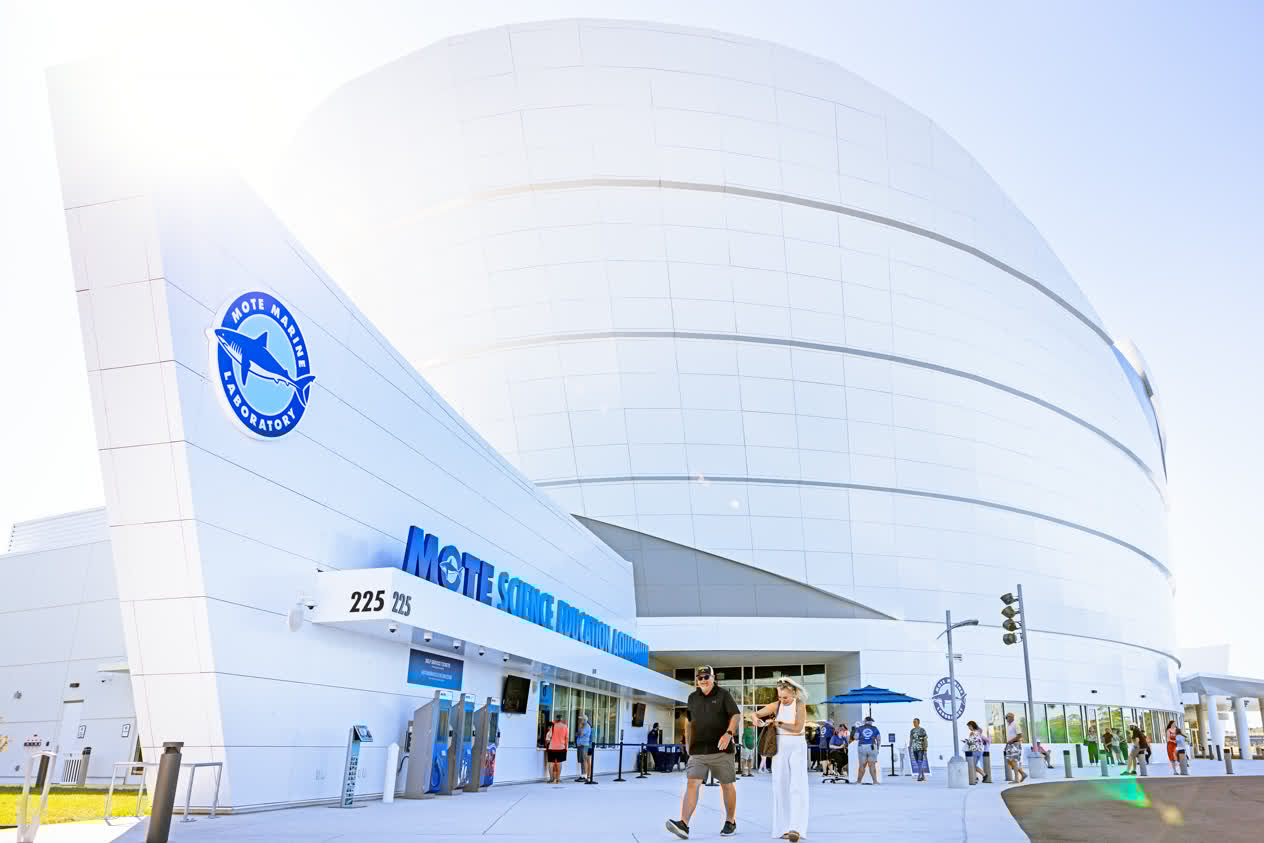 Entrance to Mote Science Education Aquarium with visitors walking in and out