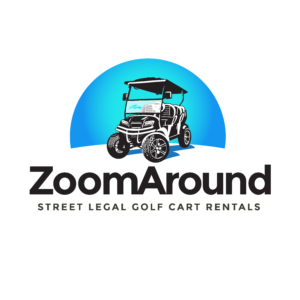 Blue half circle with golf cart above the word "ZoomAround"
