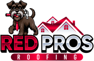 Red Pros Roofing Logo featuring dog holding a hammer next to a red rooftop