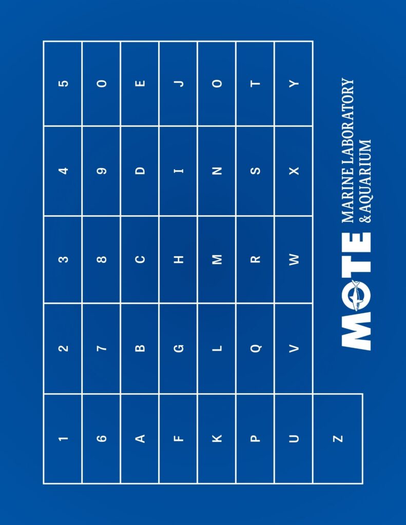 A communications card for Mote sea visitors who prefer or need to communicate nonverbally, featuring letters and numbers