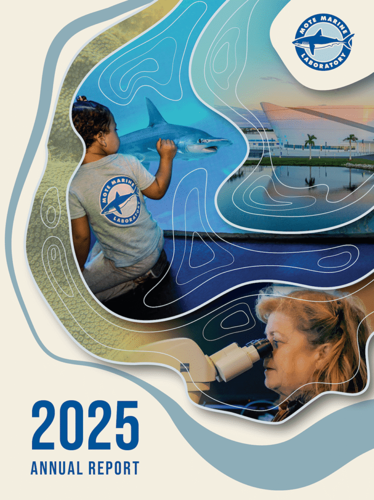 Screenshot of Mote's 2025 Annual report showing a young girl viewing a shark, a Mote scientist at the microscope, and the new Mote Science Education Aquarium