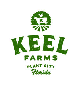 Green emblem of a cow standing in a field with a chicken on top it, below in green "Keel Farms Plant City Florida"