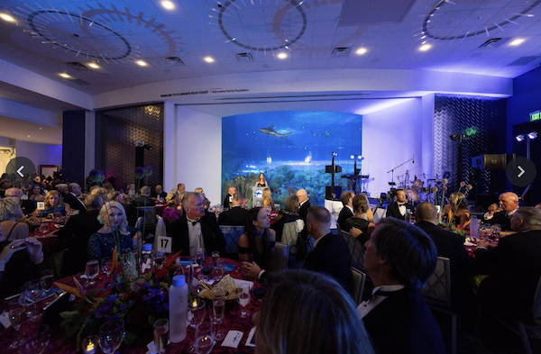 Guests dine in the expansive Exploration Hall at Mote Science Education Aquarium during Oceanic Evening 2025