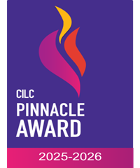 CILC Pinnacle Award 2025–2026 Winner logo. A stylized flame in pink, orange, and yellow appears above bold white text on a purple background.